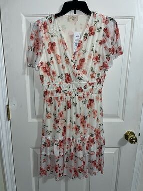 Floral V-Neck Mini Dress - Cream with Coral Flowers